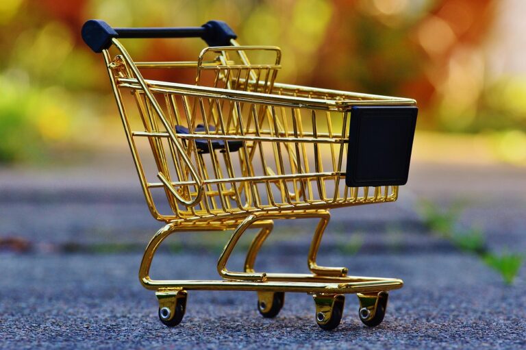 Nákupní vozík plný potravin v supermarketu