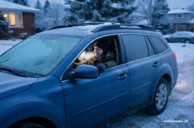 Auto za mrazivého rána s námrazou na oknech