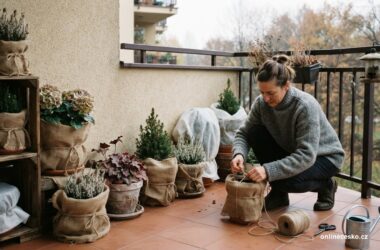 Zazimovaný balkon s truhlíky zabalenými proti mrazu