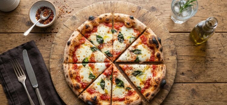 Krajena pizza na drevenem prkne