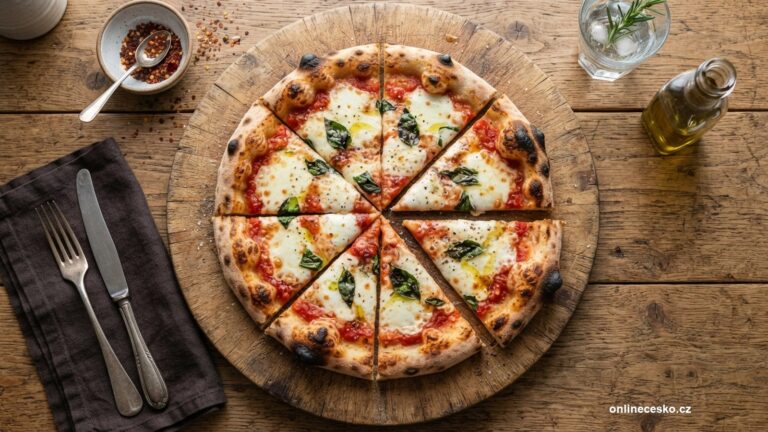Krajena pizza na drevenem prkne